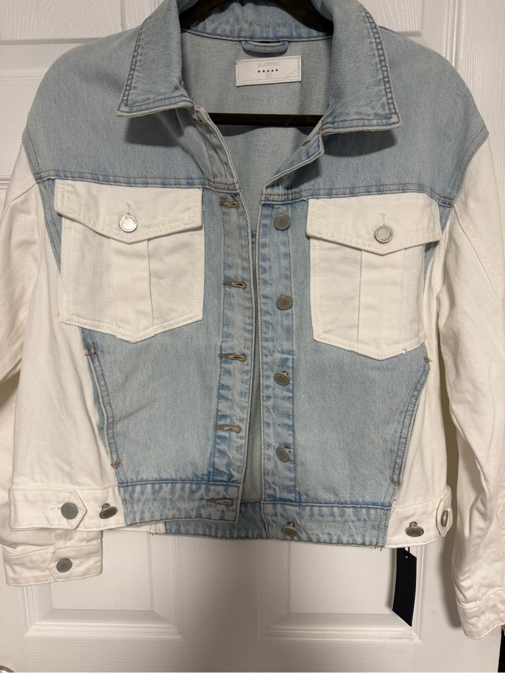 Blank NYC Two-Tone Denim Jacket in Light Blue and White